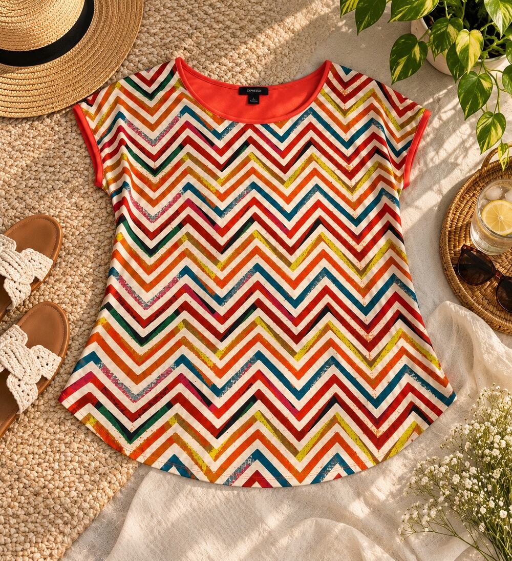 Espresso Women’s L Multicolor Chevron Short Sleeve Tunic Top Colorful Boho